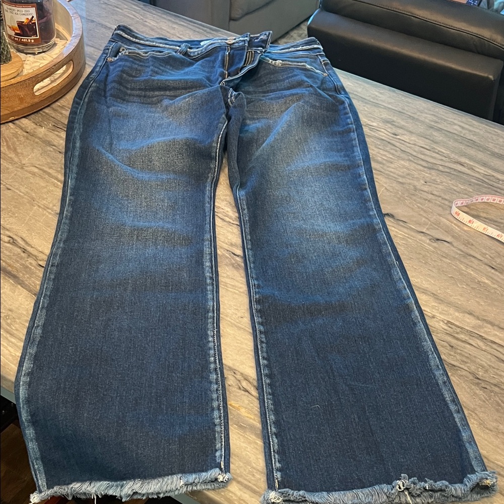 KanCan Dark Blue Flare Raw Hem Jeans